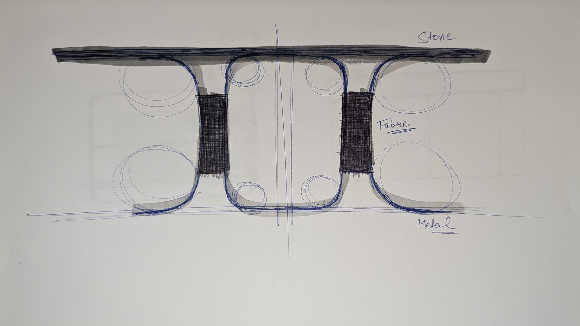 Material callout sketch of the table in side elevation, annotated Stone, Fabric and Metal